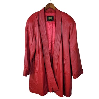 Vintage Red Leather Jacket size XL Coat womens Winter pockets Open Front Long 