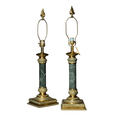 Lamps, Brass & Green Empire / Classical Style Marble Column Lamps, Pair, 20th C