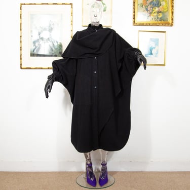 Vintage 1980s Black Wool Blend Maxi Cape Coat With Scarf And Puffed Bat Sleeves Size M 