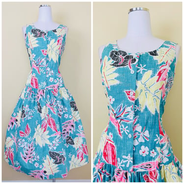 1980s Vintage Reyn Spooner Turquoise Cotton Tropical Dress / 80s Hawaiian Drop Waist Sundress / Size Medium 