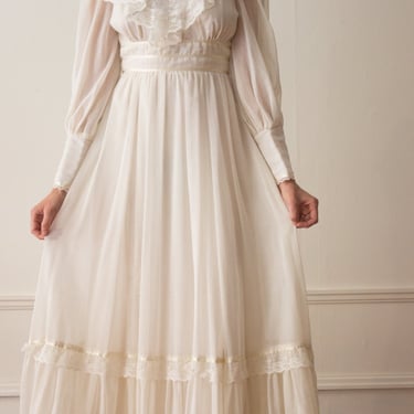 1970s Gunne Sax-Style Voile and Lace Gown 