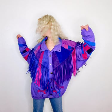 Color Block Suede Jacket // vintage 80s boho dress bat wing blouse southwestern rainbow pastel art 1980s leather fringe // O/S 