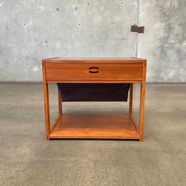 Mid Century Teak Table Sewing &amp; Leather Magazine Holder