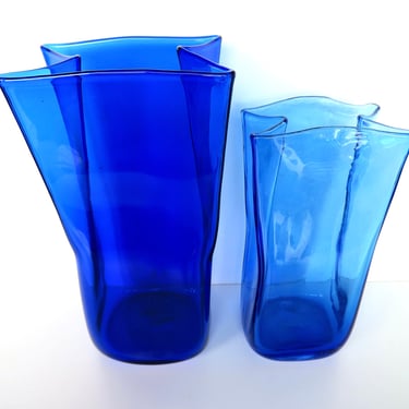 Vintage Blenko Glass Paper Bag Vase In Cobalt Blue or Light Blue, Hand Blown Vintage #8813M Blenko Glass Art in 10" or 8 1/2". 