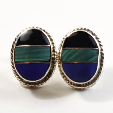 80's Taxco sterling onyx malachite sodalite studs, big Mexico TS-127 925 silver post earrings 