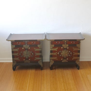 Korean Style Wood Brass Bound Bandaji Scholars Style Night Stands Side Tables Cabinets-a pair 