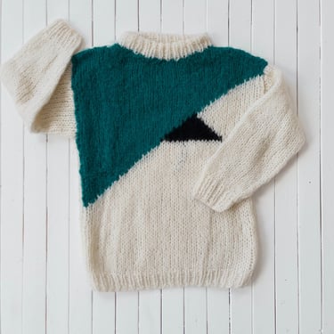 hand knit wool sweater | 70s 80s vintage Italian handknit color block cream teal heavy chunky fuzzy sweater 