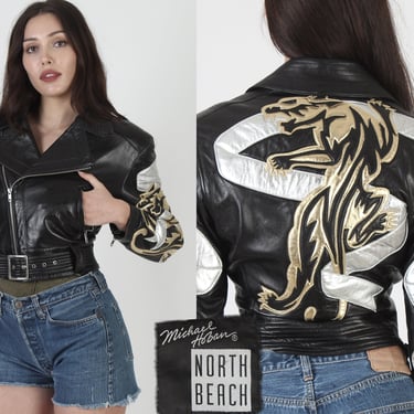 Michael Hoban North Beach Black Leather Tiger Motorcycle Jacket, Vintage 80s Asym Zip, Tag Size 5/6 