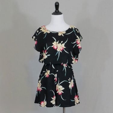 Vintage Hawaiian Romper - Black Floral Rayon - Malama Sophisticates Hawaii for Liberty House - Shorts One-Piece - 70s 80s 1970s 1980s - S M 