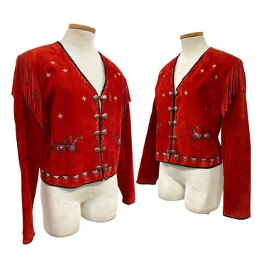 Vtg Vintage 1980s 80s Red Suede Fringe Hand Painted Horse Cropped Jacket 