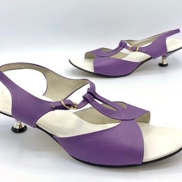 Vintage 1960s Purple Leather Kitten Heel Sandals, 60s Open Toe Slingbacks with Cut-Outs, US Size 8 