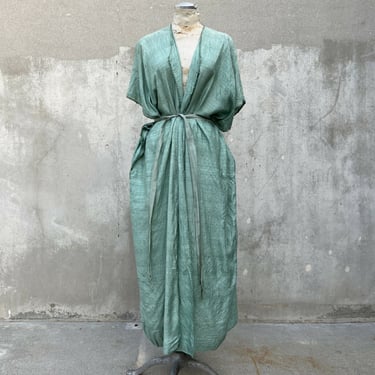 Antique 1920s Green Pongee Silk Robe Dressing Gown Kaftan Coat Ribbon 1930s VTG