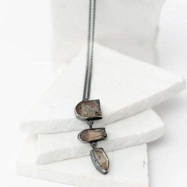 Oxidized Sterling Silver and Triple Smoky Quartz Pendant Necklace