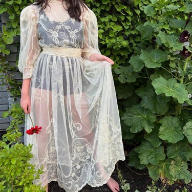 vintage 1980s does Edwardian floral net dress w/ belt XS/S 