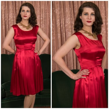 1960s Dress - Simple Liquid Satin True Red 60s Cocktail Dress with Pleated Skirt 