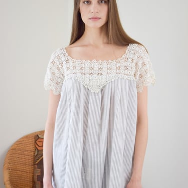 Antique Calico Nap Dress | XS-M | Reworked Cotton and Crochet Tunic Dress 