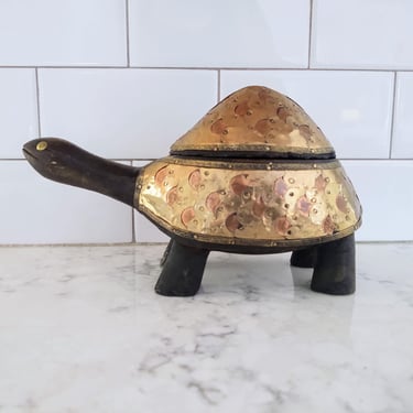 Vintage Wood and Metal Turtle Tortoise Handcrafted Home Décor with Sliding Shell Hidden Compartment 