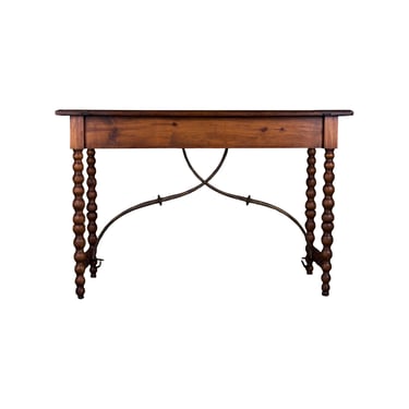 Antique Spanish Baroque Pine Console Table W/ Wrought Iron Stretcher 