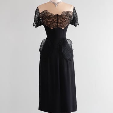 Late 1940's Milgrim Femme Fatale Illusion Lace Cocktail Dress / Medium
