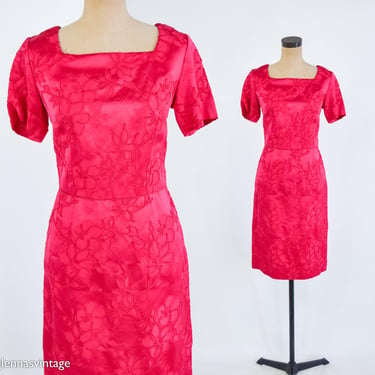 1950s Fuchsia Embroidered Satin Dress | 50s Bright Pink Floral Satin Sheath | Medium 