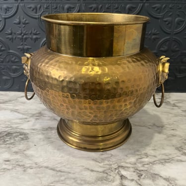 Large Hammered Brass Potwith Lion Handles