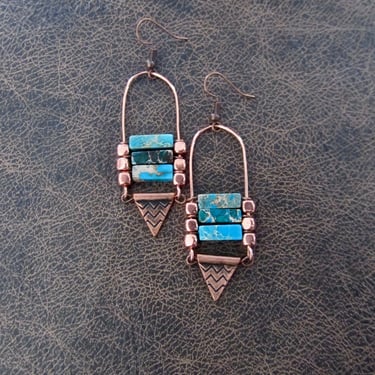 Sediment jasper and copper ethnic earrings, blue 