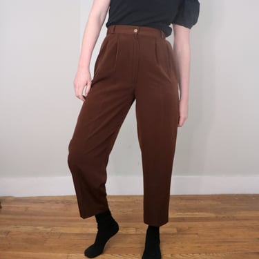 1980's High Waist Pleated Trousers/ Vintage Cropped Pants/ Brown Tapered Pleated Trouser/ 29