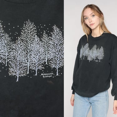 Winter Forest Sweatshirt Y2K Black Tree Sweater Retro Trees Nature Snow Graphic Pullover Crewneck Distressed Vintage 00s Morning Sun Large L 