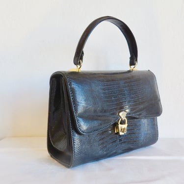 1960's Black Snakeskin Leather Structured Purse Top Handle Bag Gold Metal Clasp Hardware 60's Handbags Classic Style Andrew Geller 