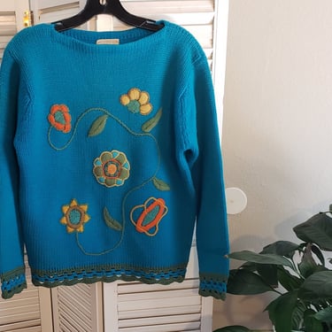 Vintage 60s Blue Wool Hand Embroidered Sweater/Pullover/Made in Hong Kong/ MOD/Crochet Trim 