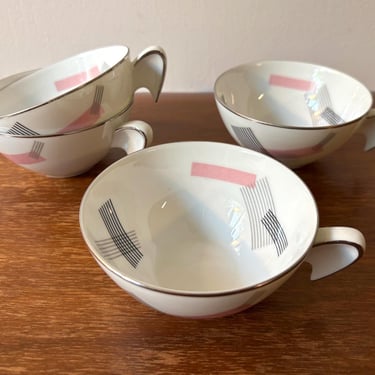 Vintage 1950s Noritake 1357 Tea Cups w Wing Handle | Pink Black Gray w Platinum Silver Trim | Mid Century Modern Space-Age Drink | Set of 4 