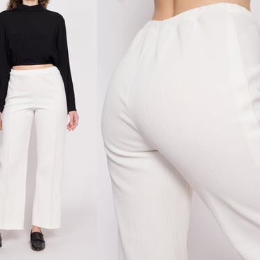 70s White High Waisted Pants - Medium | Vintage Polyester Elastic Waist Retro Plain Straight Leg Trousers 