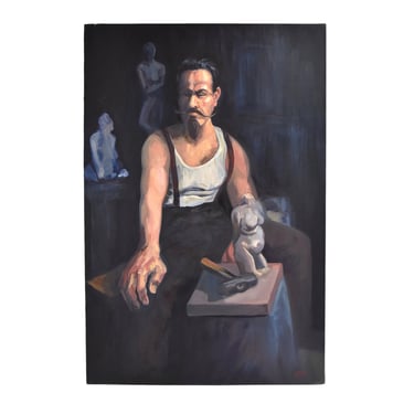 Oil Painting Portrait Muscular Sculptor w Handle Bar Mustache by Lenell Chicago 