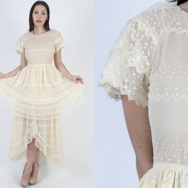 Vintage 70s Mermaid Hem Sheer Bridal Dress, 1970s Cream Floral Lace Wedding Gown, HiLo Tiered Full Skirt 