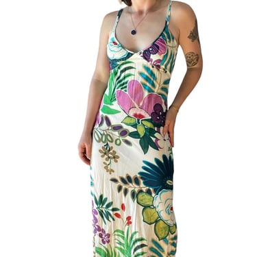 Vintage 1990s Jams World Hawaiian Floral Tropical V Neck Cotton Maxi Dress Sz S 