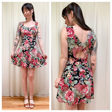 90s berry and sage floral crisscross back mini dress 