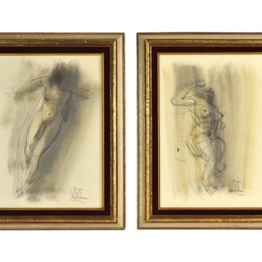 Pair Midcentury Modern Abstract Nude Figure Study Pen Ink Gouache Paintings Signed 