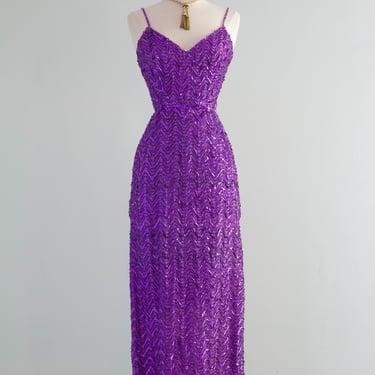 Fabulous 1970's Violet Vixen Sequined Evening Gown By Lilli Diamond / Small