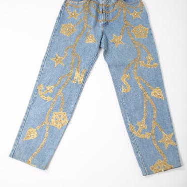 Vintage Artisan Hand Painted Nautical Theme Mom Jeans Streetwear 
