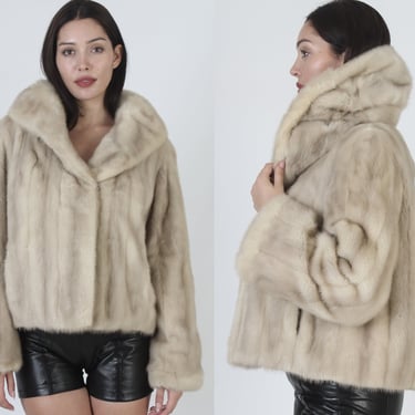 Cropped 60s Natural Blonde Mink Fur Coat / 1960s Real Ivory Mink Jacket / Vintage Structured Fur Under Collar 