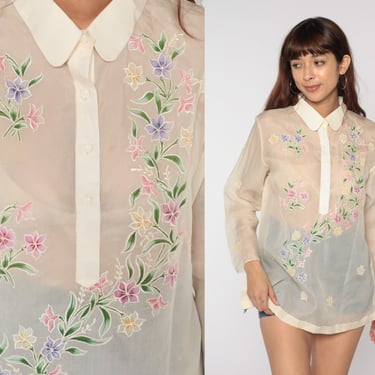 Sheer Floral Blouse Off-White Embroidered Top 90s Button Up Shirt Button Long Sleeve Top Flower Print 1990s Vintage Longline Polo Medium 