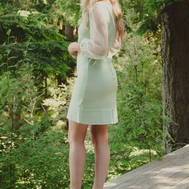 Seafoam Green 60s Mod Dress, Sheer Tulle Sleeve Linen Mini Dress, 1960s Psychedelic Twiggy Dress 