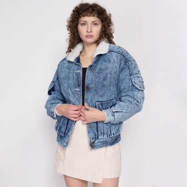 Medium 80s Acid Wash Denim Sherpa Jacket | Vintage Jean Jacket Shearling Lined Grunge Coat 