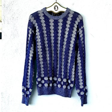 Vintage 80s 90s Ungaro Paris Sweater Coogi Style Graphic Blue White Oversized Knit Top 