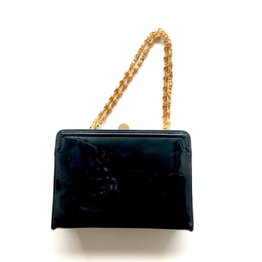 Vintage Patent Leather Black Top Handle Gold Chain Purse Bag // Shiny Black Kiss Lock Clutch 