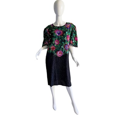 1980s Sequin Silk Dress / Vintage Beaded Flowers Party Dress / 1980s Sequins Holiday Party Dress 2X 
