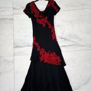 Vintage Eva Blue Dress Black Red Sequin Cowl Neck Long Witchy Women 6 Whimsigoth 