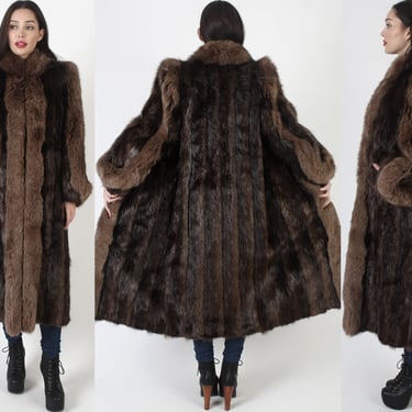Full Length Beaver Fur Coat, Vintage 80s Plush Brown Fox Trim, Long Heavyweight Winter Jacket, Huge Shaggy Shawl Apres Ski Collar 