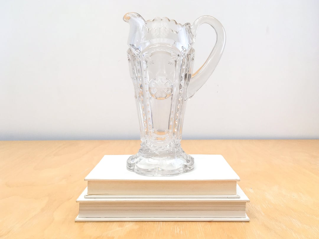 Tall Pressed Glass Serving Pitcher, Vintage Clear Glass Pitcher for