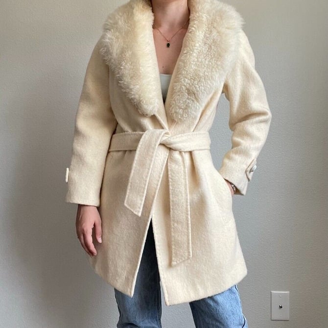 Vintage 1970s Womens White Wool Country Pacer Fluffy Collar Coat Jacket Sz M 
